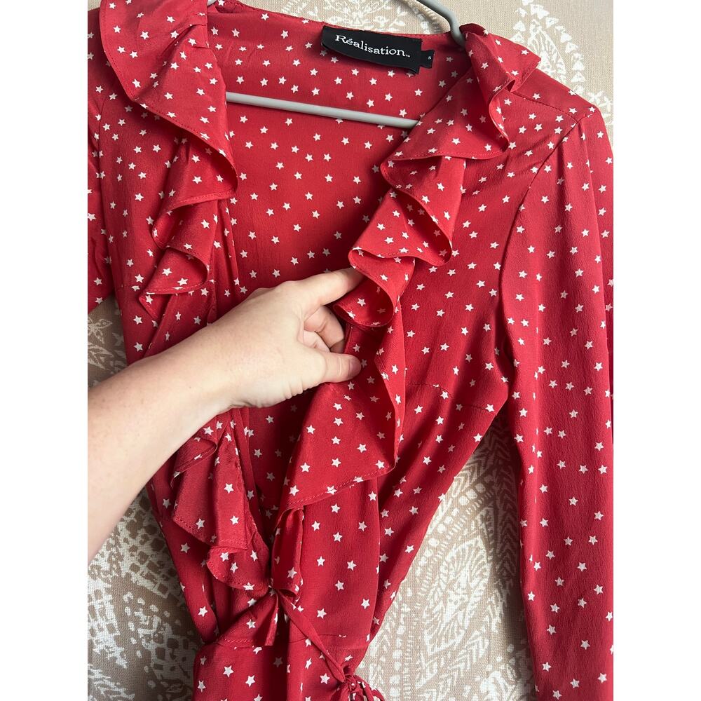 Realisation Par The Alexandra Red Star 100% Silk Wrap Mini Dress Size Small - Picture 3 of 7